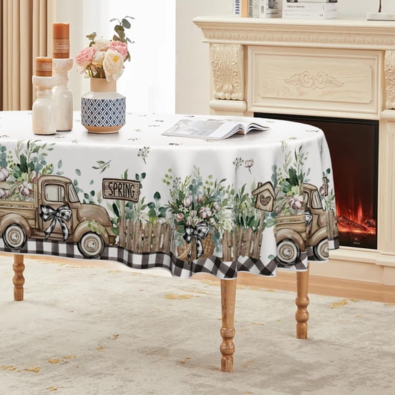 Spring Tablecloth 60×84 Inch Oval, Eucalyptus Fence Cotton Truck Washable Seasonal Table Cover for Party Picnic Dinner Decor