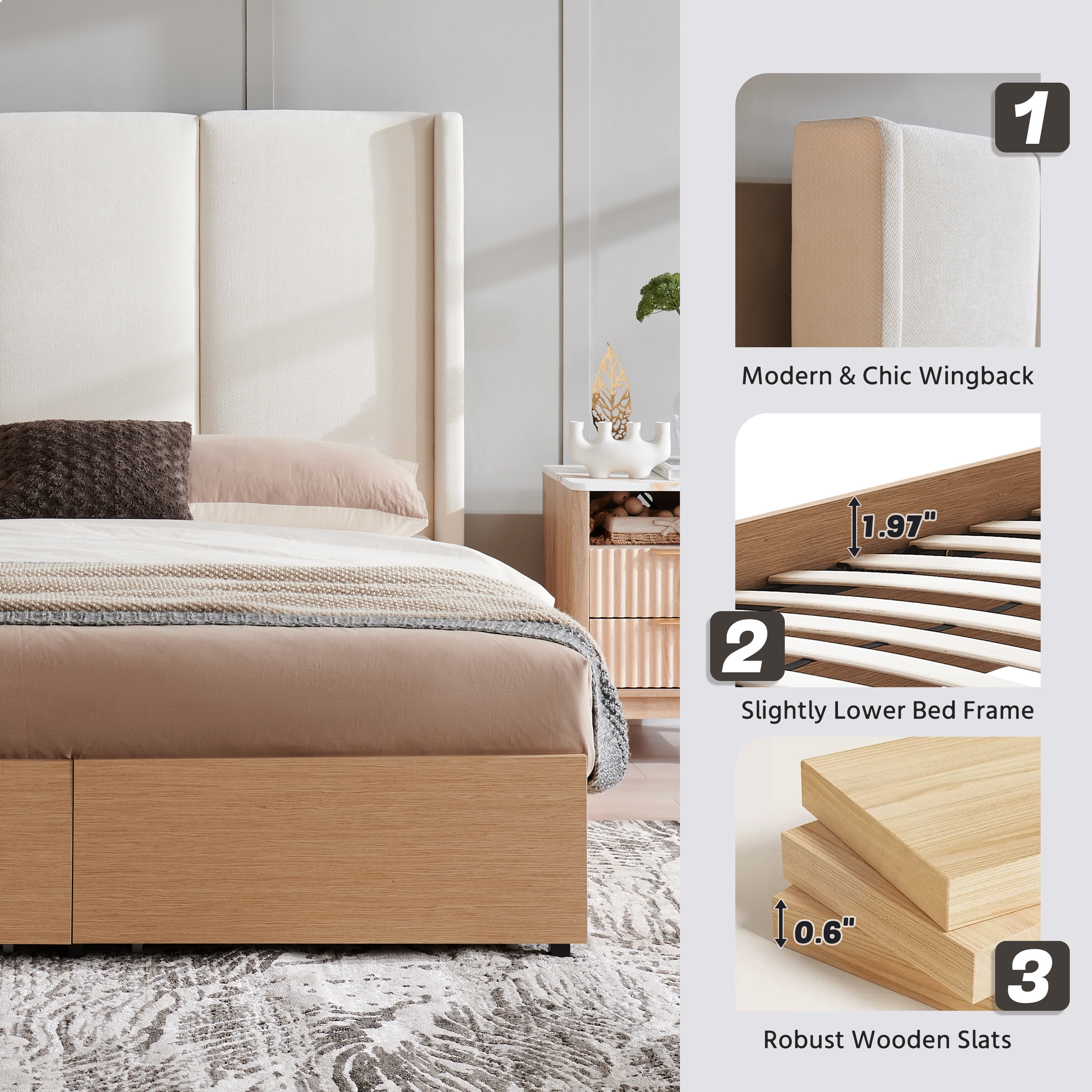 King Size Bed Frame and Upholstered Headboard, Solid Wood Platform Bed with Storage Drawers, Durable Wooden Slats, Solid and Stable, Noiseless, No Box Spring Needed, Easy Assembly, Beige