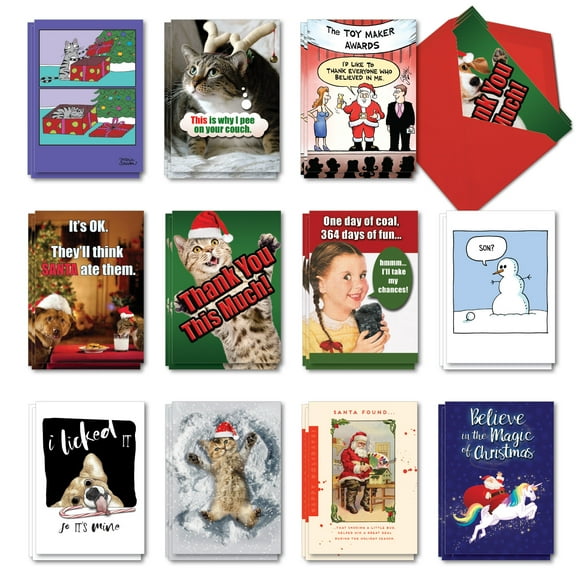 NobleWorks 36 Assorted Box Set Funny Christmas Thank You Greeting Cards w/5 x 7 Inch Envelopes (12 Designs, 3 Each) Season's Greetings Gratitude AC10132XTG-B3x12