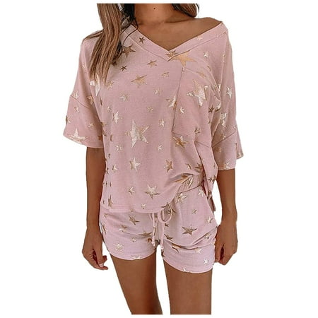 

Zlekejiko Home Pajamas Pointed Suit Printed Casual Short Sleeve Women s Wear Star Five Women Suits & Sets