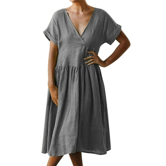 Cathalem Womens Summer Casual T Shirt Dress 2024 Casual Flowy Beach Square Neck Puff Short Sleeve Smocked Back Boho Long Maxi Dress,Gray L