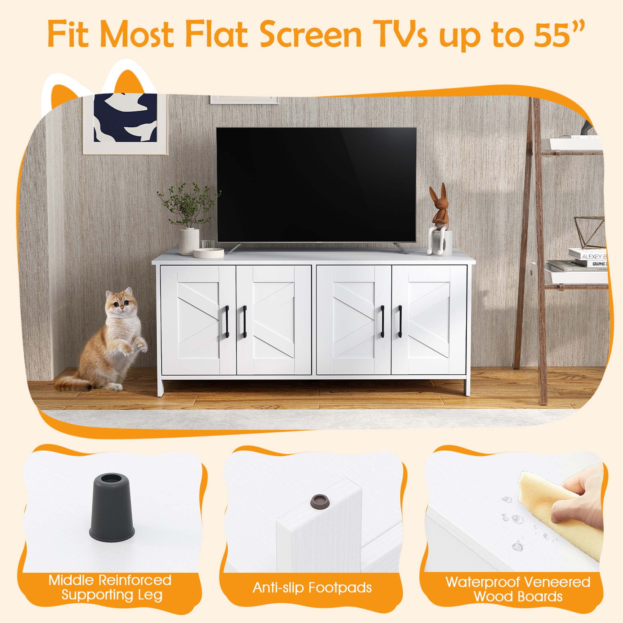 Gymax Cat Litter Box Enclosure for 2 Cats w/ Double Rooms Wooden Cat Washroom Cabinet White