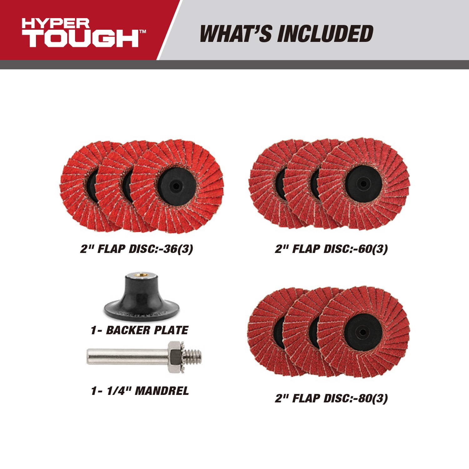 Hyper Tough 11-Piece 2-inch Mini Flap Disc Set with 36, 60, 80 Grit Discs