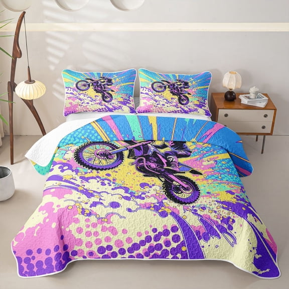Castle Fairy Pop Art Motocross Twin Quilt Set,Bright Burst Jump Twin Coverlet Set for Vibrant Bedroom,Purple Pink