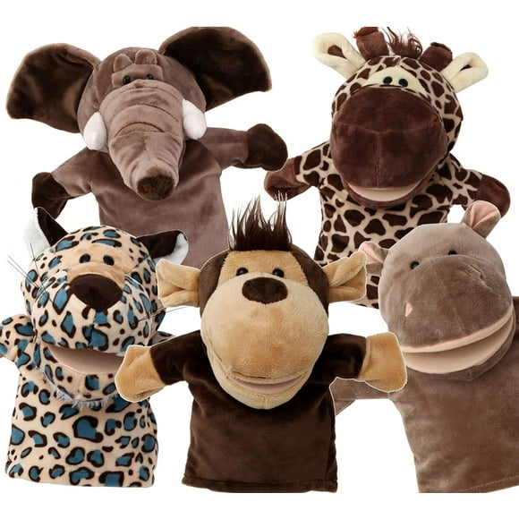 5-Piece Set Animal Hand Puppets/Zoo, Safari, Farm, Wildlife/Movable Open Mouth/Plush Pretend Toys/Monkey, Elephant, Giraffe, Hippo and Leopard