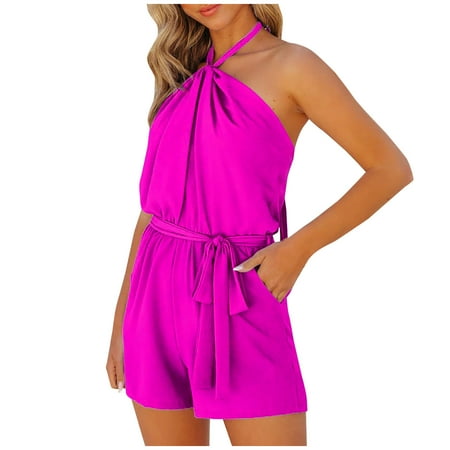 

Women s Summer Solid Color Rompers Fashion Cross Halter Sleeveless off Shoulder Tops Ruched Tummy Control Jumpsuits (XL Hot Pink)