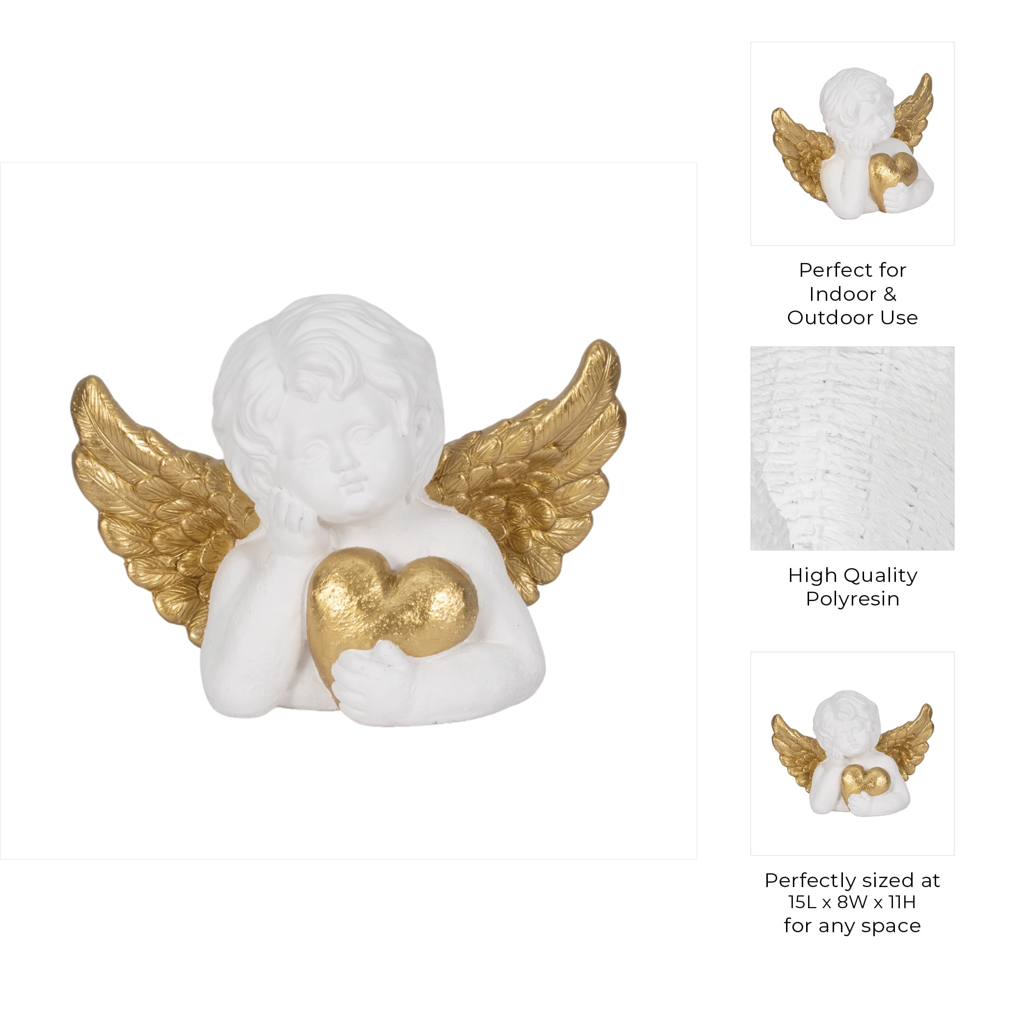 Cherub Angel with Heart Garden Statuary Decor - Outdoor Decor for Front Porch, Garden, and Patio Accent - Decorative Statue and Figurine for Landscape and Yard Art - 11", White & Gold
