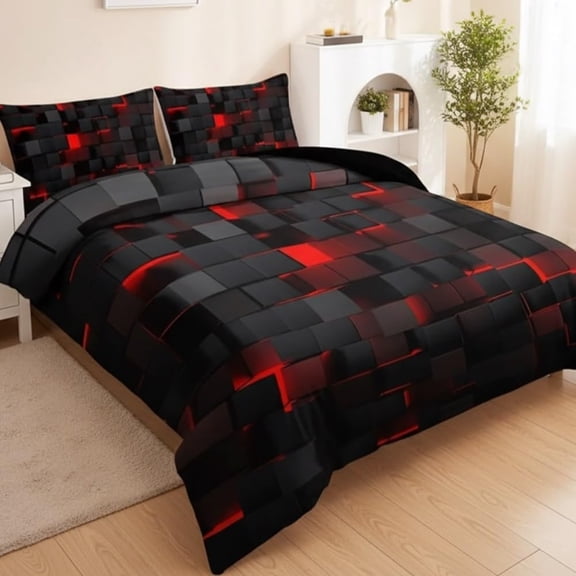 Seasonal Tech Feel Bedding Digital Print, 3PCS Outer Space Bedding Set, Full Size Light Geometric Comforter Sets, Geometry Honeycomb Bed Soft Stylish Comforter for All Season (Red,Twin)