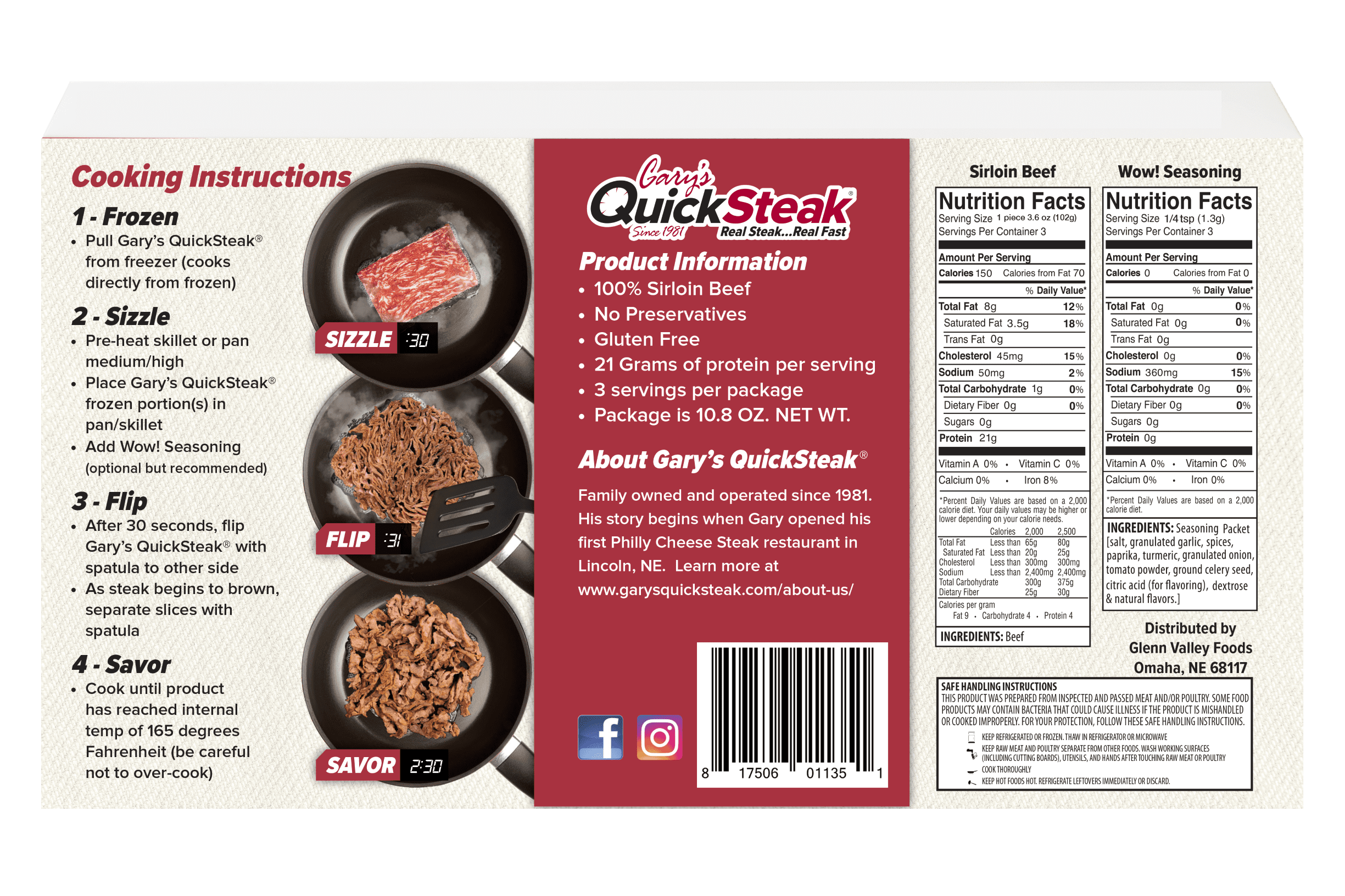 Gary's QuickSteak 100% Thin Sirloin Frozen Beef Packaged Meal, 10.8 oz