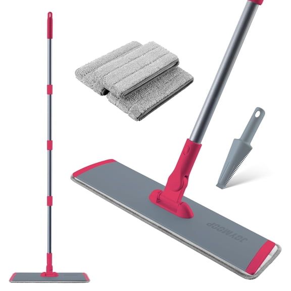 JOYMOOP 18 Inch Dust Mop for Hardwood Floors, Heavy Duty Industrial Wet Dry Mops with Telescopic Handle, Includes 3 Microfiber Mop Pads - Red-grey