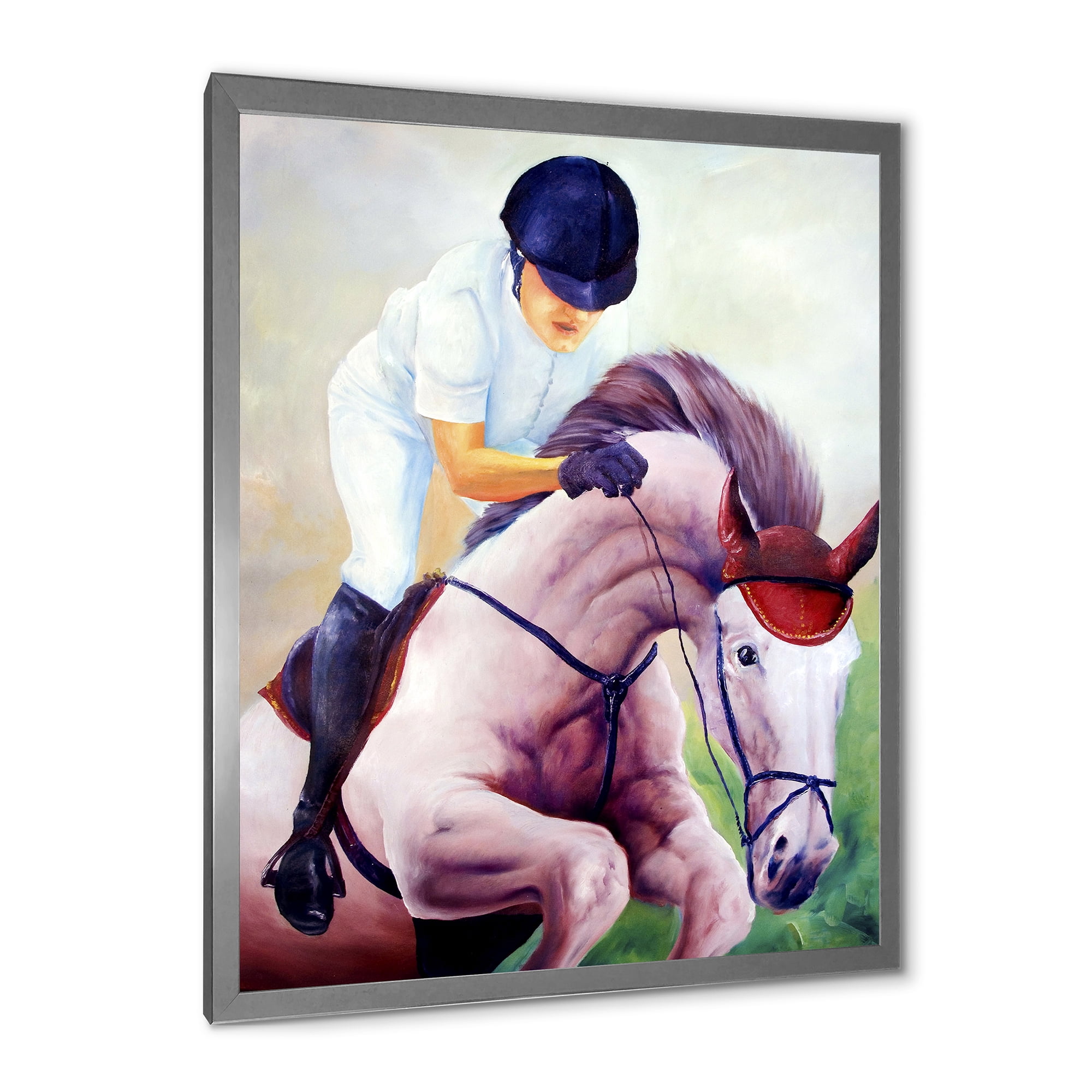 Designart 'Jockey On Galoping Pink Horse' Farmhouse Framed Art Print