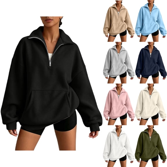 Womens Half Zip Pullover Sweatshirts Loose Solid-Color Button-Down Zipper Front Pocket Long-Sleeved Sports Hoodie
