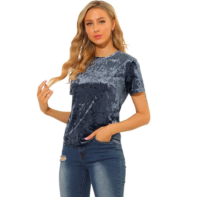 Día de San Patricio Camiseta Terciopelo Sólida Casual De Manga Corta Con Cuello Redondo Para Mujer Gris azul XL