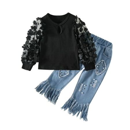 

Child Daily Sports Clothing Casual Boy Girl Outfits Toddler Kids Baby Girls Flower Lace Tulle Sleeve T Shirt Tops Crop Denim Jeans Long Pants 2Pcs Outfits Clothes Set