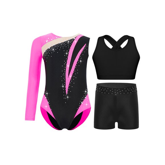 Moggemol Gymnastics Leotard for Girls Dance Unitard Asymmetrical Long Sleeve Bodysuit with Cross Hot Pink 16