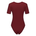 thumbnail image 2 of Short Sleeve Deep V Neck Bodysuit, Casual Solid Basic Woman Body, V Neck Bodysuits Slim Tops, Wine Red, 2 of 8