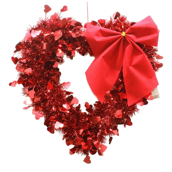 Nmdmisc 13.8" Heart Shape Valentine's Day Wreath with Foil and Bow Artificial Hanging Garland for Wedding Party Proposal Engagement Mother's Day Anniversary Door Window Mantel Decor (D)