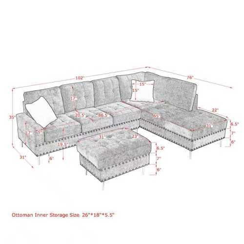 Howcool L Shaped Sectional Sofa, 4 Seater Couch with Chaise Lounge, Storage Ottoman, Cup Holders and Pillows, Modern Linen Fabric Couch for Living Room(Black)