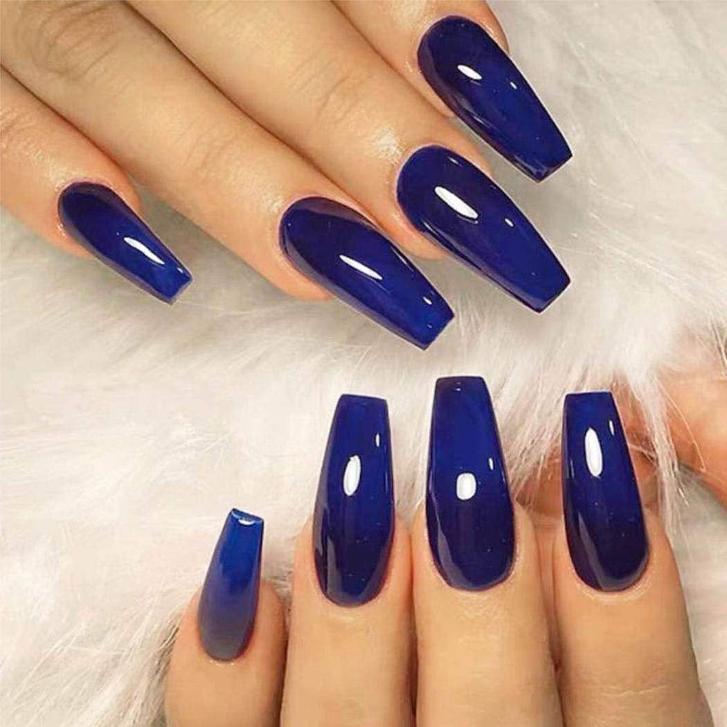 Outyua Glossy Press On Nails Blue Long Ballerina Fake Nails Acrylic Coffin Full Cover False Nails Tips For Women And Girls 24pcs Walmart Com