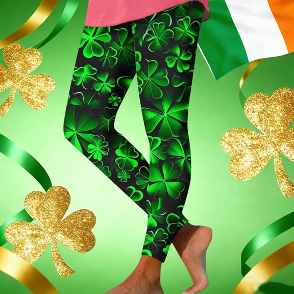 Yourumao Womens St Patricks Day Leggings High Waist Shamrock Printed Pants Stretchy Slim Fitted Pants Festival Pilates Tights