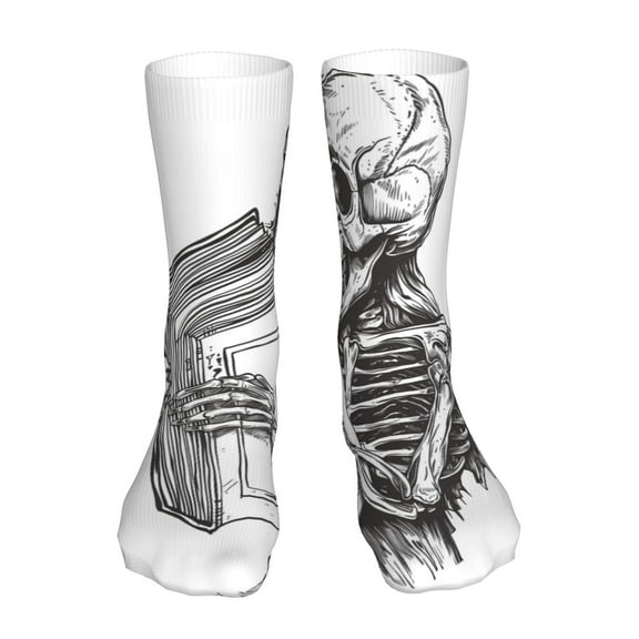 Bingfone Skeleton Book Lover Prirnt Women's Men's Fun Pattern and Solid Crew Socks-1 Pair Pack-Cool & Classic Novelty Design Gifts