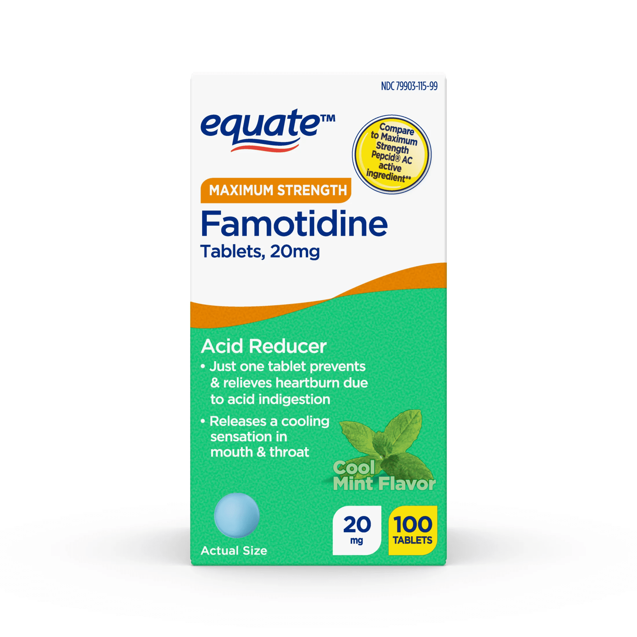 Equate Maximum Strength Famotidine, 20 mg Tablets, Cool Mint Flavor