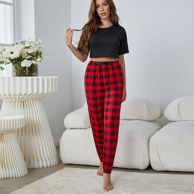 Women s 2 Piece Cropped Pajama Set Short Sleeve and Jogger Checkered Pants Sleepwear Set Pjs Set