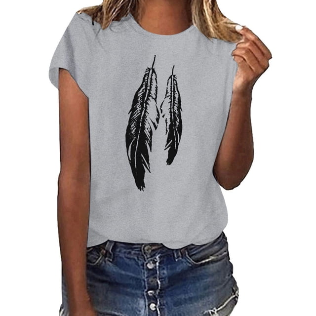 LSLJS T-Shirt à Imprimé Plume pour Femmes Manches Courtes Col Rond Décontracté