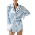 thumbnail image 2 of LOVZFMLL Pajama Sets for Women 2 Piece Satin Fuzzy Button Down Long Sleeve Shirt and Shorts Lounge Sets Comfy Soft Sleepwear Loungewear, 2 of 5