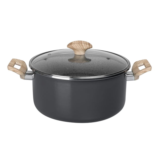 cacerola de vitroacero® vasconia prime 20 cm gris cacerola de 20 cm, vista frontal centrada; cuerpo gris con tapa de vidrio y pomo estilo madera, asas ergonómicas con acabado tipo madera, revestimiento antiadherente visible en el interior, apta para gas, vitrocerámica, eléctrica e inducción. Su tamaño la hace adecuada para preparar caldos o guisos para la familia.