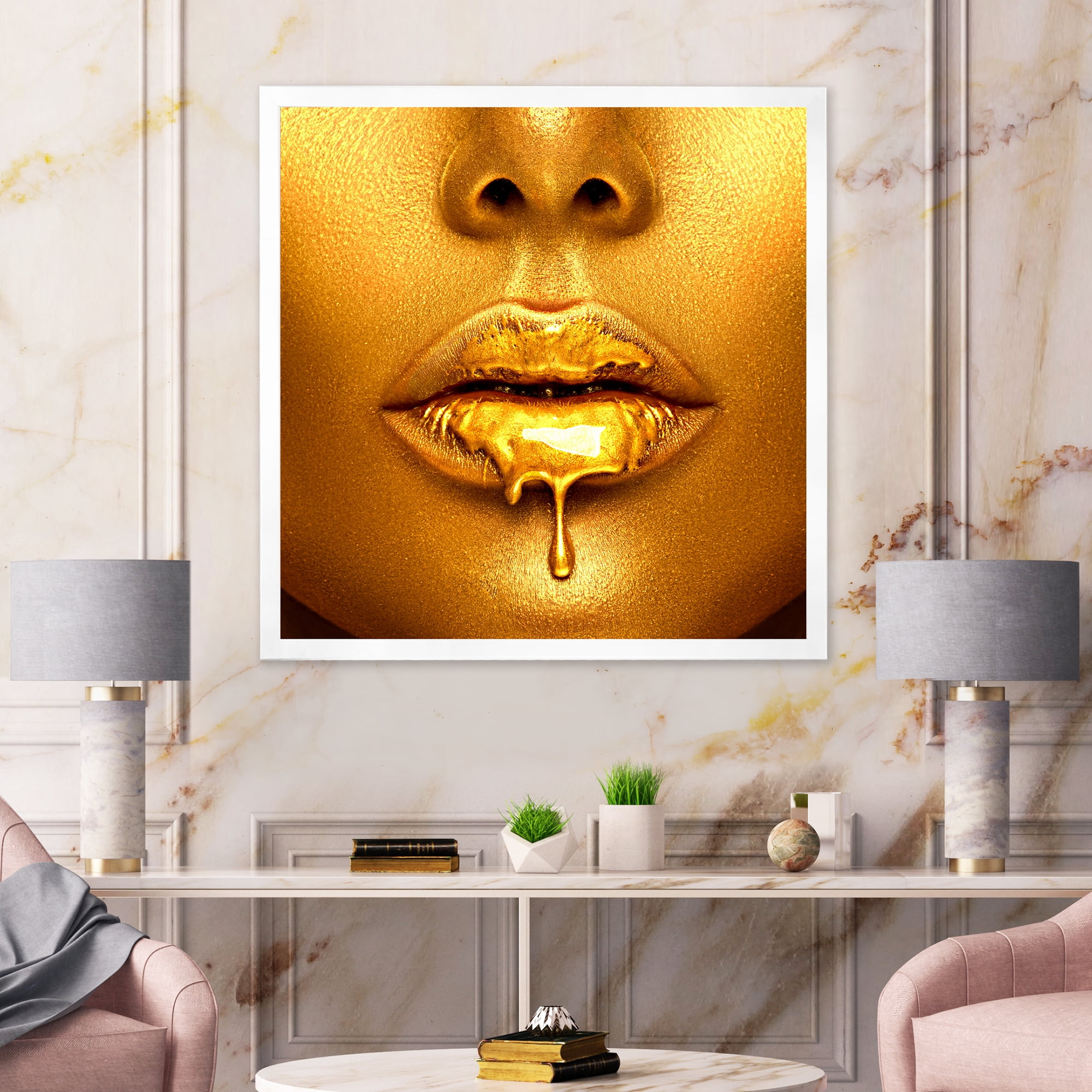 Designart 'Gold Paint Drips From Sexy Girl Lips' Modern Framed Art Print