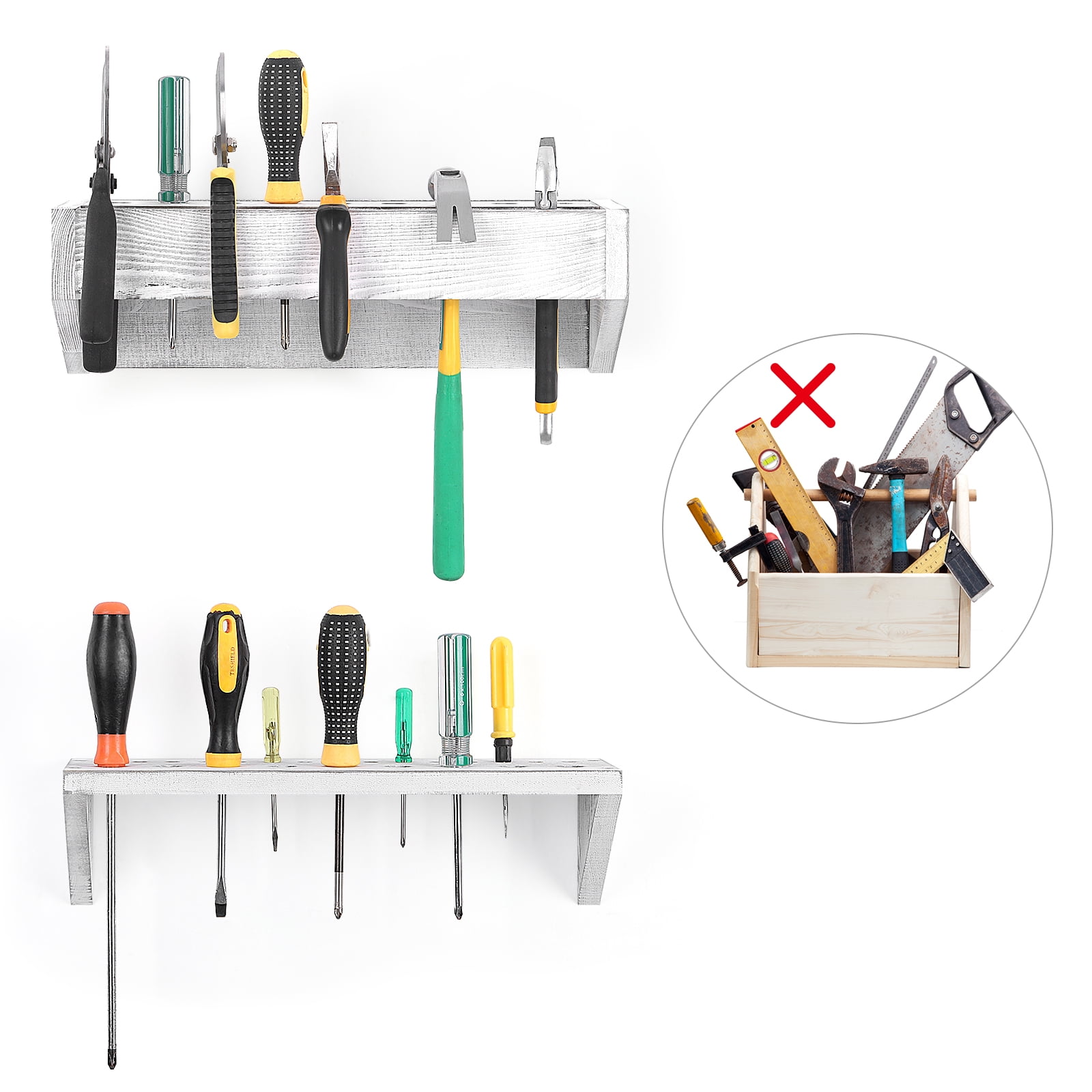 NEX Set of 2 Screwdriver Solid Wood Tool Hammer Holder Pliers Storage Box Organizer, Gray White