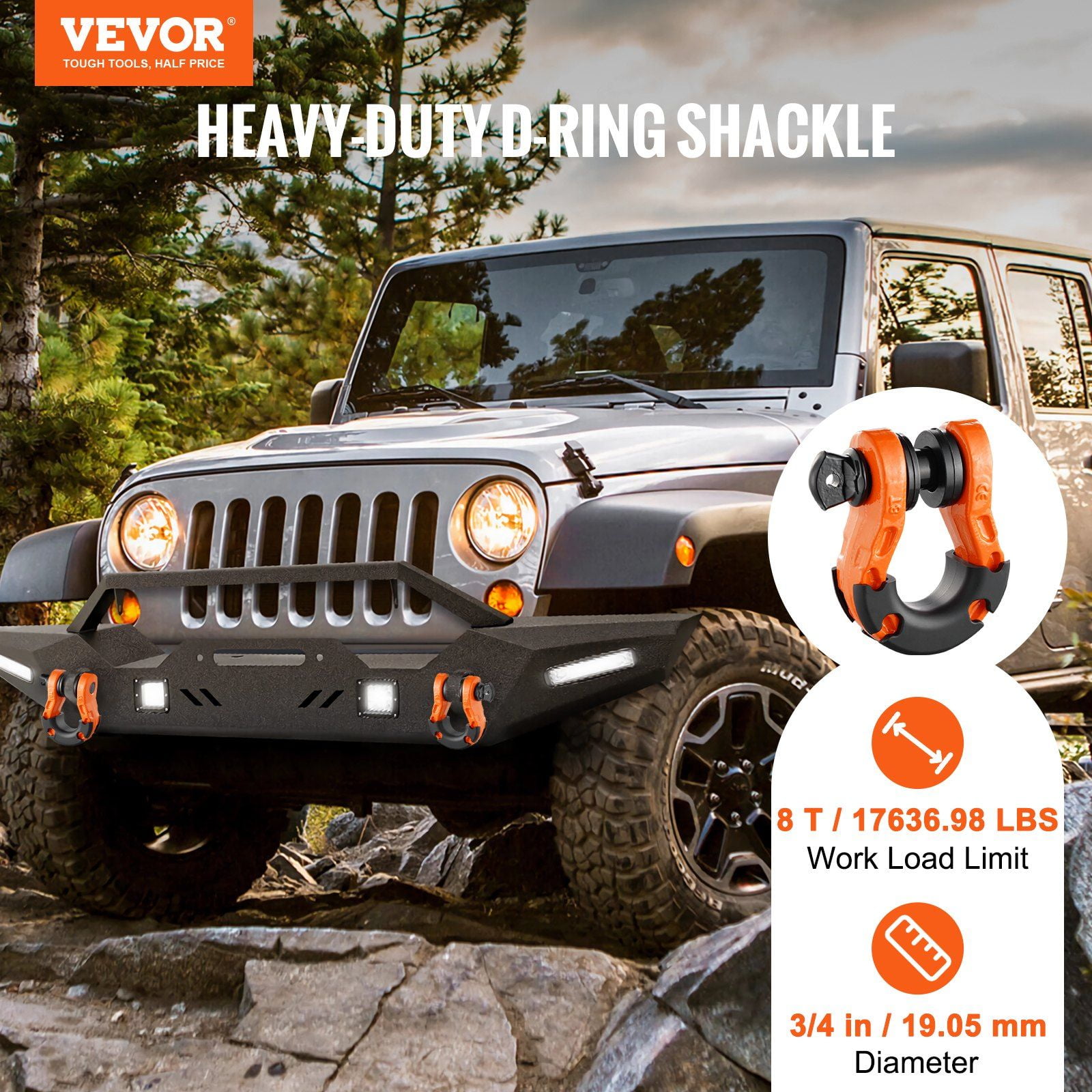 3/4 Inch D Ring Shackle 2 Pack 30 Ton Break Strength 66139 Lbs Alloy Steel with 7/8 Inch Screw Pin Isolators Washers Heavy Duty Off Road Recovery Shackle for Jeep Truck Orange