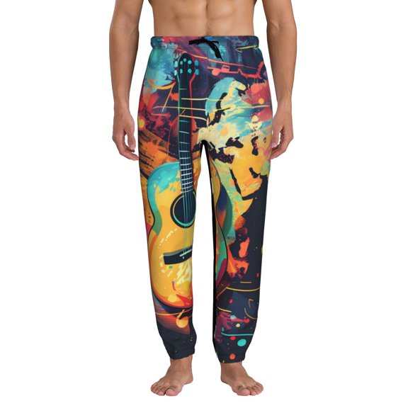 Xecao World Map Guitar Illustration Print Active Tech Joggers for Men, Mens Sweatpants Lounge Pants with Pockets-Small