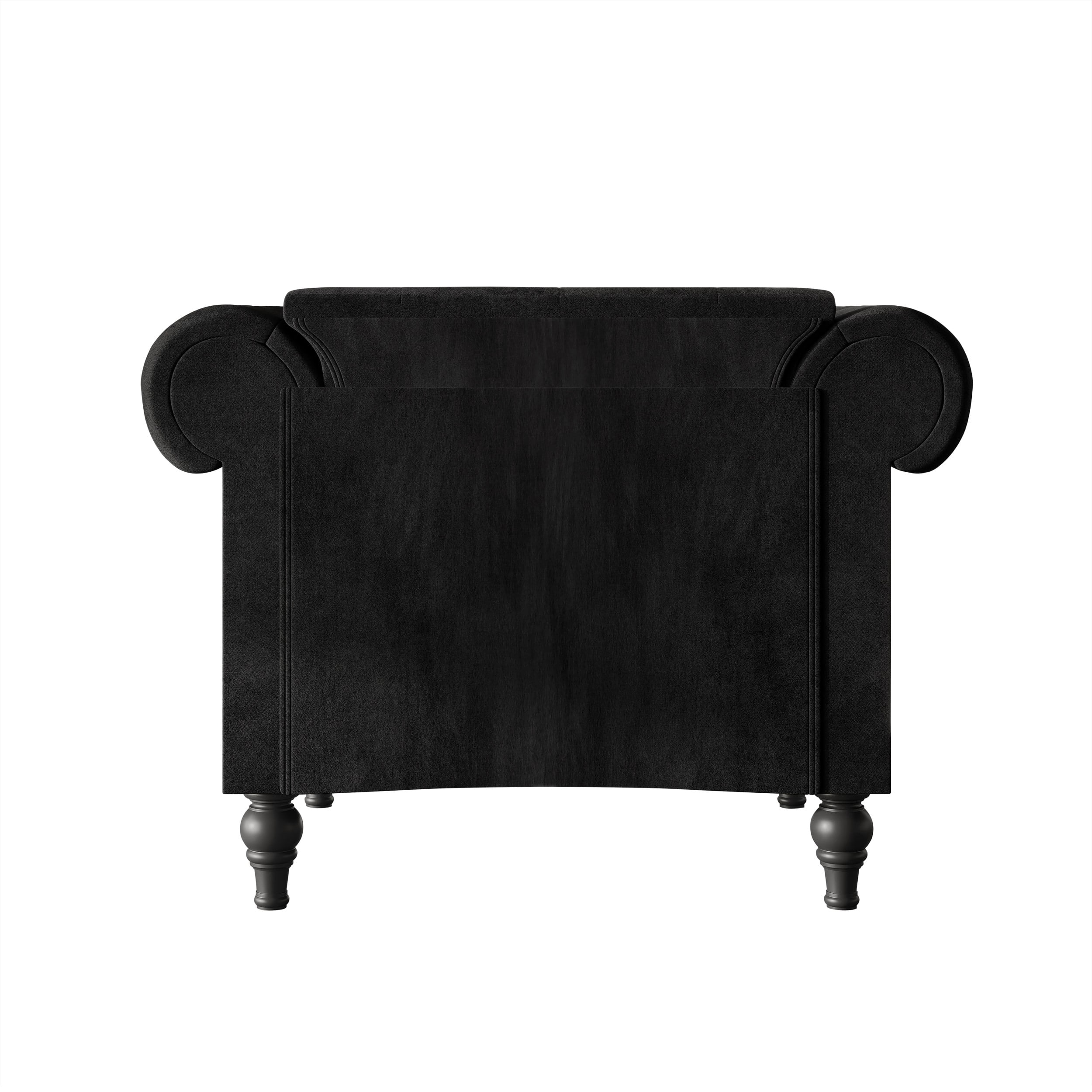 Home Design Kelso 3-Piece Velvet Living Room Set With Rolled Arm Chair, Loveseat and Sofa, Deep Button Tufting and Turned Legs, Black