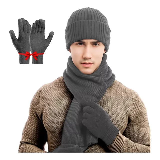 3 Conjunto Gorro Bufanda Guantes Frío Tejido Lana Unisex