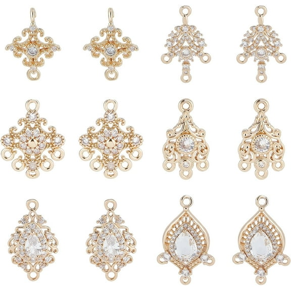 12Pcs 6 Style Links Making Finding Kit Including Brass Micro Pave Cubic Zirconia Chandelier Component Link & Connectors Charms Flower