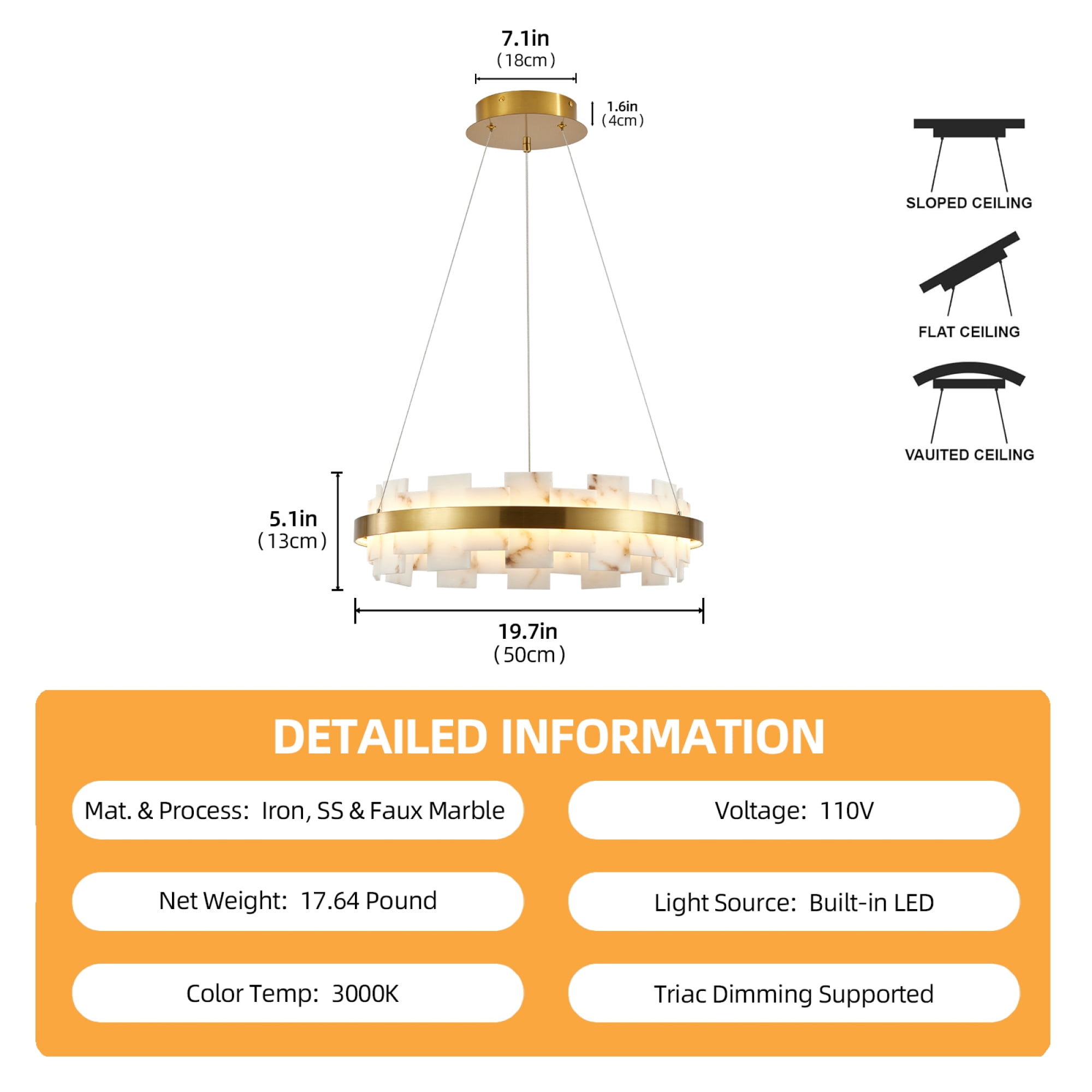 Leumius Modern Alabaster Linear Chandelier, 20 Inch Round Adjustable Flushmount Ceiling Light Fixture for Living Room, Over Table, Bedroom, Hallway, Entryway