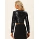 thumbnail image 3 of Top Corto con Lentejuelas para Mujer de Manga Larga con Cuello en V Blusa Corta de Color Brillante para Fiestas Negro M, 3 of 5