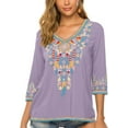 thumbnail image 3 of Women's Boho Embroidered Peasant Tops 3/4 Sleeve V Neck Mexican Bohemian Shirts  Summer Shirts, 3 of 6