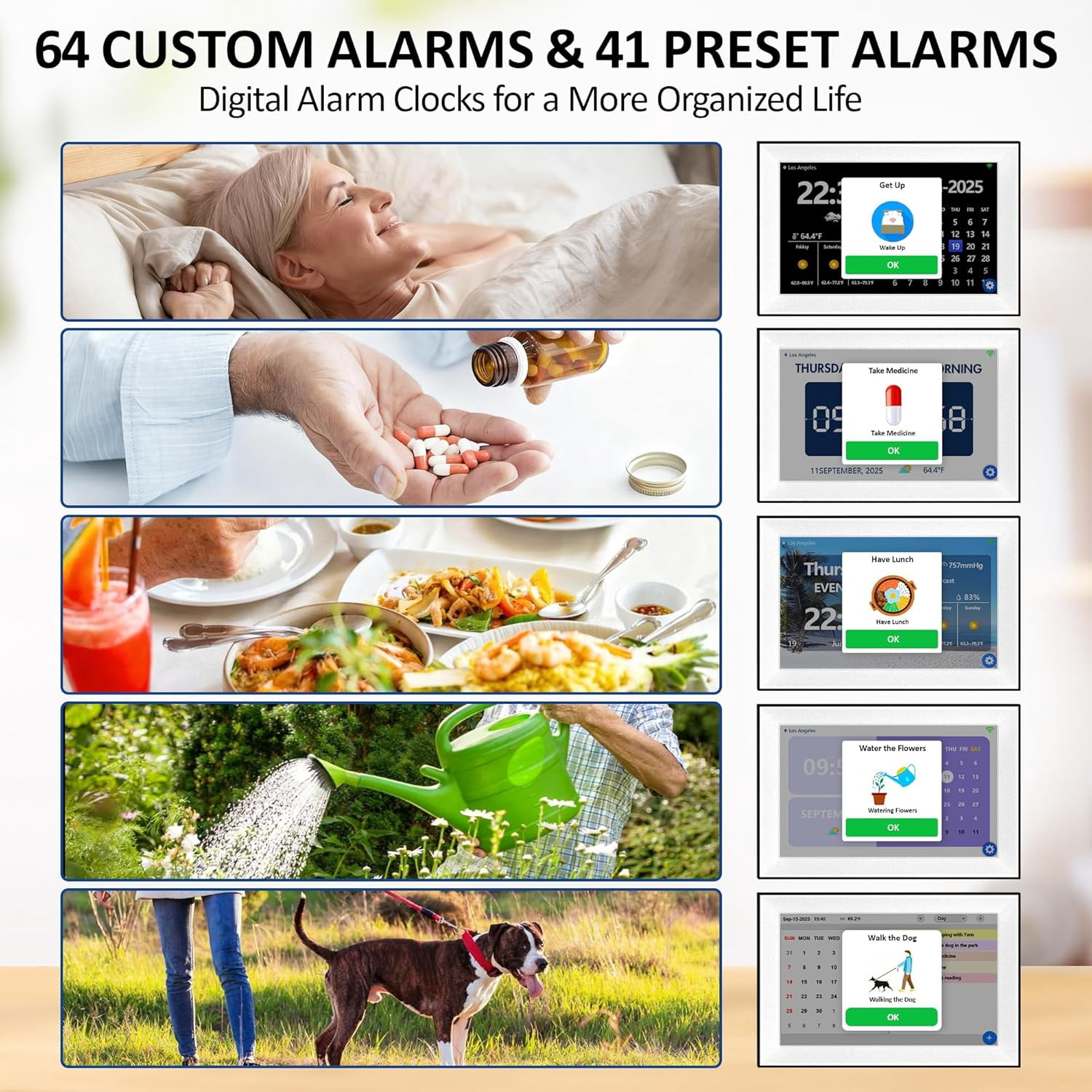 WiFi Touch Screen Digital Calendar Clock 10.1 Inch with 64 Custom Alarms Auto-Sync  Date 7-Day Weather Forecast Weekly Schedules Desk Alarm Clock for Bedroom Kitchen