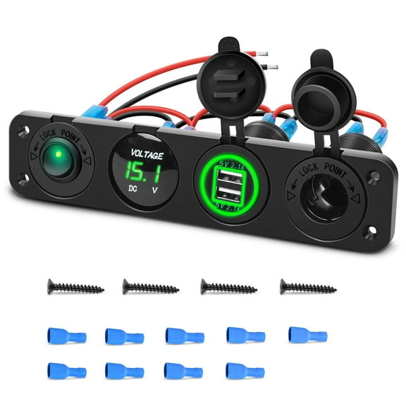 Nilight 4 Pin 1 ON/Off Charger Socket Panel Dual USB Socket Power Outlet Led Voltmeter Cigarette Lighter Socket Led Lighted ON Off Rocker Green Toggle Switch for Truck Car Marine Boats RV
