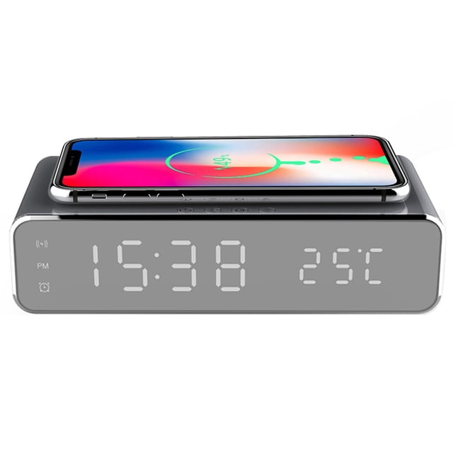 Digital Alarm Clock Wireless Charger Dock Mirror Face Clock with Thermometer