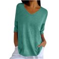 thumbnail image 2 of Pincandy Women Solid Color Spring/summer Knitted-neck Medium Sleeve Casual Top,Green,5XL, 2 of 9
