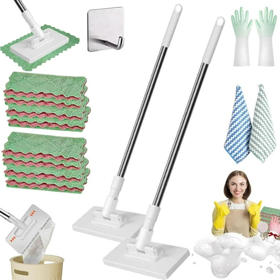 Cloth Changing Mini Mop, Zero Touch Mini Mop, Disposable Dust Mop with 4/8 Reusable Cloths, 360° Adjustment/Wet & Dry 39in Handle Retractable Gap Dust Cleaner with Locking Head (A*2)