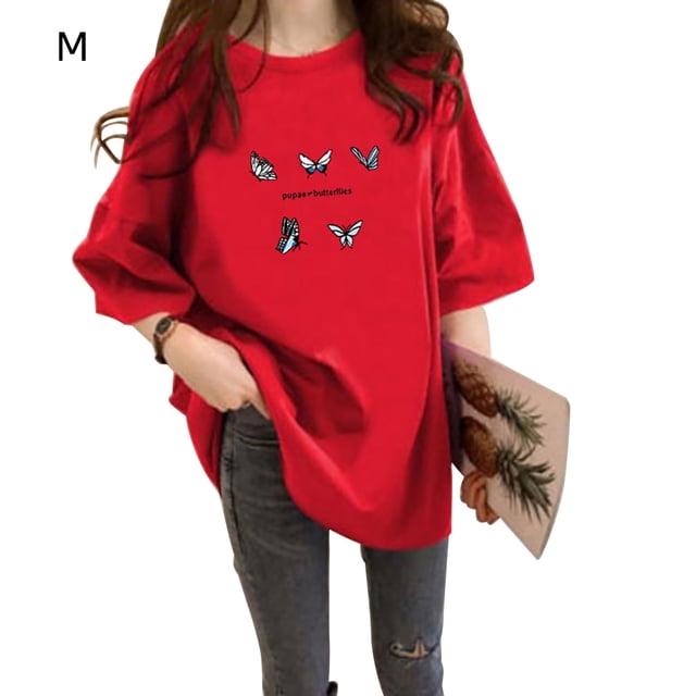 Camiseta de mujer estampada de manga corta con cuello redondo suelta de verano, rojo, M Inevent AP001204-17B
