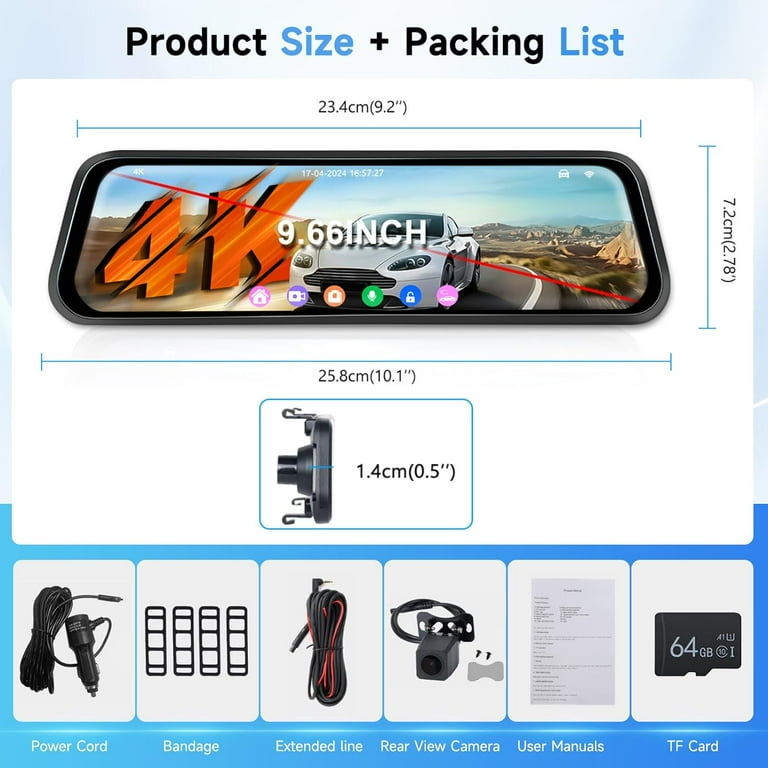 4K Mirror Dash Cam 9.66" Rear View Mirror Front And Rear