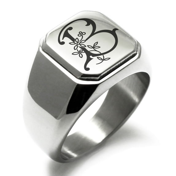 Stainless Steel Letter B Initial Floral Monogram Engraved Engraved Square Flat Top Biker Style Polished Signet Ring