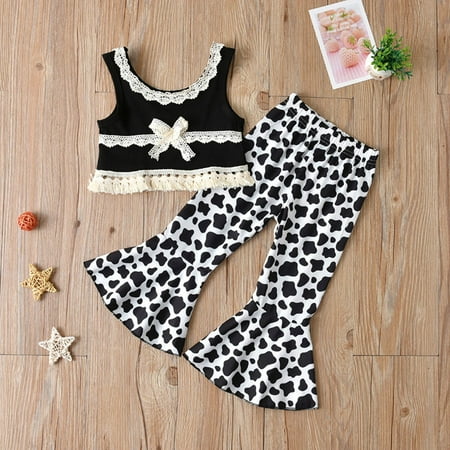 

DAETIROS Skin Friendly Cute Summer Elastic Printing Two-piece Comfy Girls Trousers Black