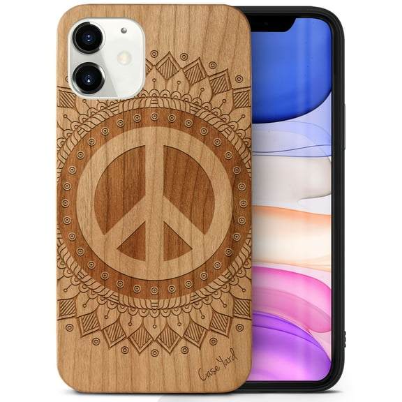 Case Yard Wooden Case Outside Soft TPU Silicone, Slim Fit Shockproof Wood Protective Phone Cover for Girls Boys Men and Women, Supports Wireless Charging Peace Mandala Design case for iPhone-11